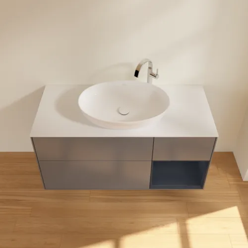 Bild von VILLEROY BOCH Finion Waschbeckenunterschrank, mit Beleuchtung, 3 Auszüge, 1200 x 603 x 501 mm, Anthracite Matt Lacquer / Midnight Blue Matt Lacquer / Glass White Matt #F951HGGK