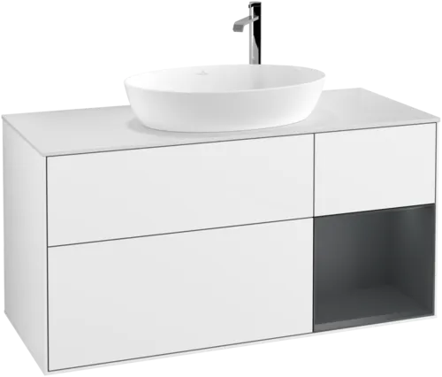 Зображення з  VILLEROY BOCH Finion Vanity unit, with lighting, 3 pull-out compartments, 1200 x 603 x 501 mm, Glossy White Lacquer / Midnight Blue Matt Lacquer / Glass White Matt #F951HGGF