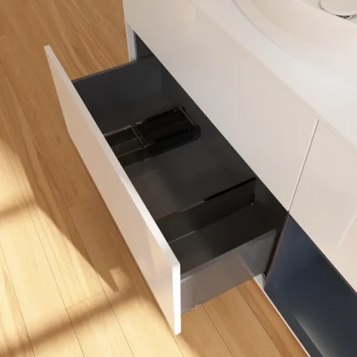 Picture of VILLEROY BOCH Finion Vanity unit, with lighting, 3 pull-out compartments, 1200 x 603 x 501 mm, Glossy White Lacquer / Midnight Blue Matt Lacquer / Glass White Matt #F951HGGF