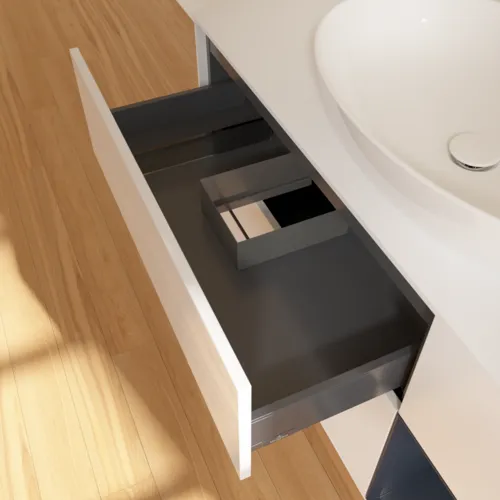 Picture of VILLEROY BOCH Finion Vanity unit, with lighting, 3 pull-out compartments, 1200 x 603 x 501 mm, Glossy White Lacquer / Midnight Blue Matt Lacquer / Glass White Matt #F951HGGF