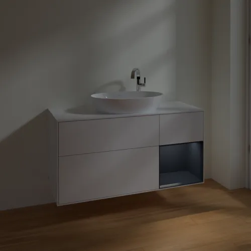 Picture of VILLEROY BOCH Finion Vanity unit, with lighting, 3 pull-out compartments, 1200 x 603 x 501 mm, Glossy White Lacquer / Midnight Blue Matt Lacquer / Glass White Matt #F951HGGF