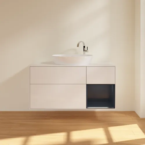 Picture of VILLEROY BOCH Finion Vanity unit, with lighting, 3 pull-out compartments, 1200 x 603 x 501 mm, Glossy White Lacquer / Midnight Blue Matt Lacquer / Glass White Matt #F951HGGF