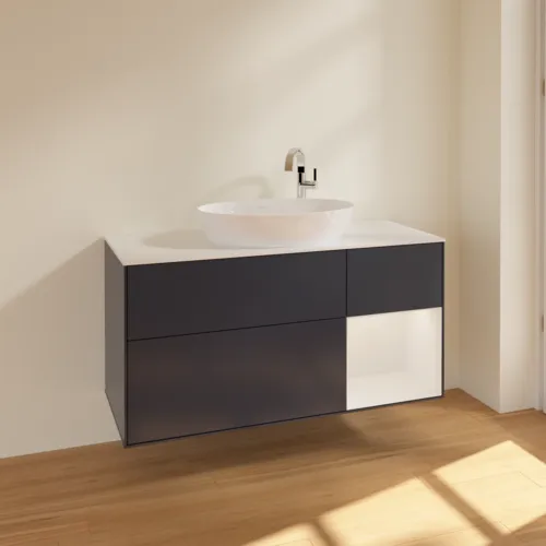 Obrázek VILLEROY BOCH Finion Vanity unit, with lighting, 3 pull-out compartments, 1200 x 603 x 501 mm, Midnight Blue Matt Lacquer / Glossy White Lacquer / Glass White Matt #F951GFHG