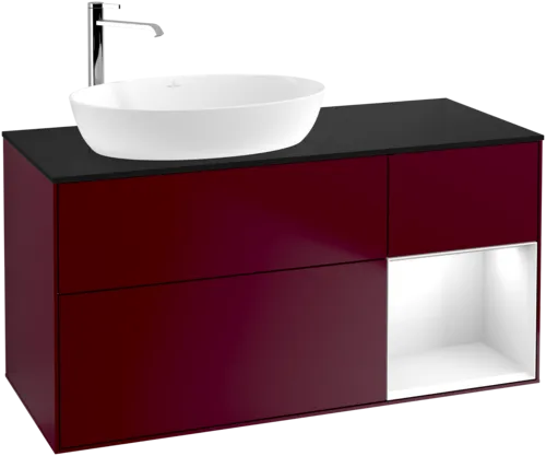Зображення з  VILLEROY BOCH Finion Vanity unit, with lighting, 3 pull-out compartments, 1200 x 603 x 501 mm, Peony Matt Lacquer / Glossy White Lacquer / Glass Black Matt #F932GFHB