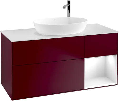 Зображення з  VILLEROY BOCH Finion Vanity unit, with lighting, 3 pull-out compartments, 1200 x 603 x 501 mm, Peony Matt Lacquer / Glossy White Lacquer / Glass White Matt #F951GFHB