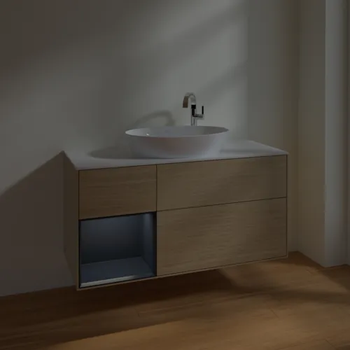 Bild von VILLEROY BOCH Finion Waschbeckenunterschrank, mit Beleuchtung, 3 Auszüge, 1200 x 603 x 501 mm, Oak Veneer / Midnight Blue Matt Lacquer / Glass White Matt #F941HGPC