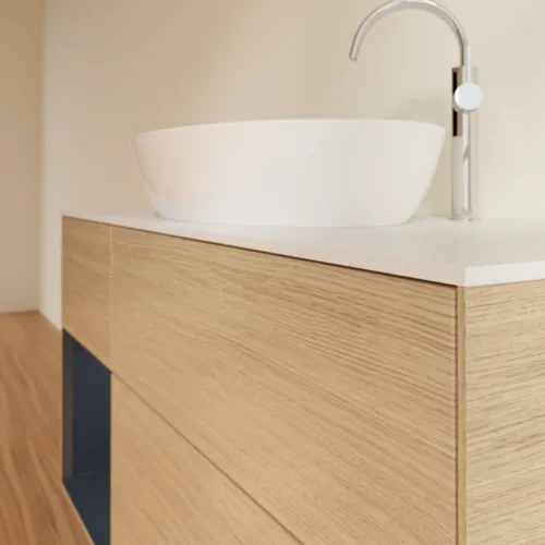 Bild von VILLEROY BOCH Finion Waschbeckenunterschrank, mit Beleuchtung, 3 Auszüge, 1200 x 603 x 501 mm, Oak Veneer / Midnight Blue Matt Lacquer / Glass White Matt #F941HGPC