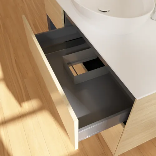 Bild von VILLEROY BOCH Finion Waschbeckenunterschrank, mit Beleuchtung, 3 Auszüge, 1200 x 603 x 501 mm, Oak Veneer / Midnight Blue Matt Lacquer / Glass White Matt #F941HGPC