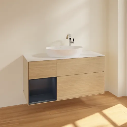 Bild von VILLEROY BOCH Finion Waschbeckenunterschrank, mit Beleuchtung, 3 Auszüge, 1200 x 603 x 501 mm, Oak Veneer / Midnight Blue Matt Lacquer / Glass White Matt #F941HGPC