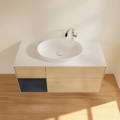Bild von VILLEROY BOCH Finion Waschbeckenunterschrank, mit Beleuchtung, 3 Auszüge, 1200 x 603 x 501 mm, Oak Veneer / Midnight Blue Matt Lacquer / Glass White Matt #F941HGPC