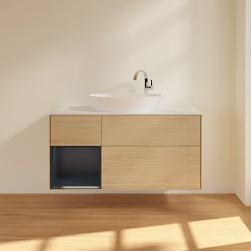 Bild von VILLEROY BOCH Finion Waschbeckenunterschrank, mit Beleuchtung, 3 Auszüge, 1200 x 603 x 501 mm, Oak Veneer / Midnight Blue Matt Lacquer / Glass White Matt #F941HGPC