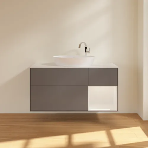 Bild von VILLEROY BOCH Finion Waschbeckenunterschrank, mit Beleuchtung, 3 Auszüge, 1200 x 603 x 501 mm, Anthracite Matt Lacquer / Glossy White Lacquer / Glass White Matt #F951GFGK