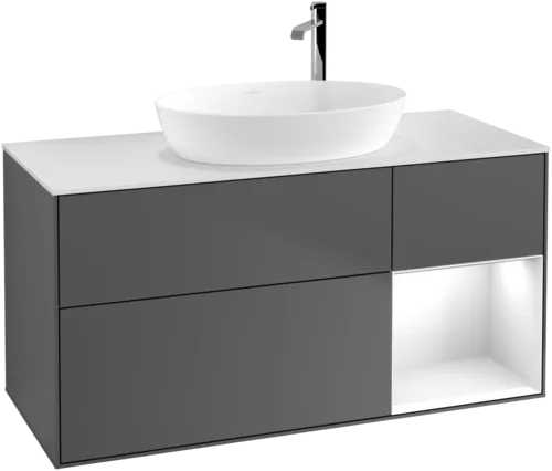 Зображення з  VILLEROY BOCH Finion Vanity unit, with lighting, 3 pull-out compartments, 1200 x 603 x 501 mm, Anthracite Matt Lacquer / Glossy White Lacquer / Glass White Matt #F951GFGK