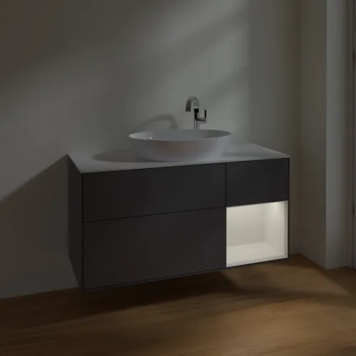 Bild von VILLEROY BOCH Finion Waschbeckenunterschrank, mit Beleuchtung, 3 Auszüge, 1200 x 603 x 501 mm, Anthracite Matt Lacquer / Glossy White Lacquer / Glass White Matt #F951GFGK