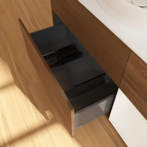 Bild von VILLEROY BOCH Finion Waschbeckenunterschrank, mit Beleuchtung, 3 Auszüge, 1200 x 603 x 501 mm, Walnut Veneer / Glossy White Lacquer / Glass White Matt #F951GFGN