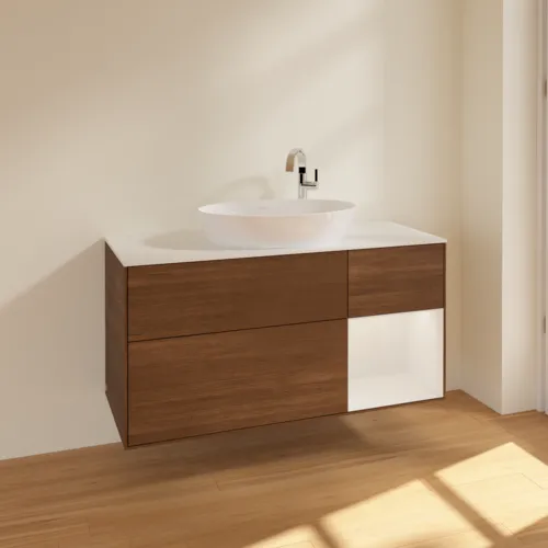 Bild von VILLEROY BOCH Finion Waschbeckenunterschrank, mit Beleuchtung, 3 Auszüge, 1200 x 603 x 501 mm, Walnut Veneer / Glossy White Lacquer / Glass White Matt #F951GFGN