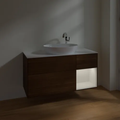 Bild von VILLEROY BOCH Finion Waschbeckenunterschrank, mit Beleuchtung, 3 Auszüge, 1200 x 603 x 501 mm, Walnut Veneer / Glossy White Lacquer / Glass White Matt #F951GFGN