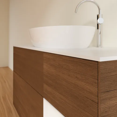 Bild von VILLEROY BOCH Finion Waschbeckenunterschrank, mit Beleuchtung, 3 Auszüge, 1200 x 603 x 501 mm, Walnut Veneer / Glossy White Lacquer / Glass White Matt #F951GFGN