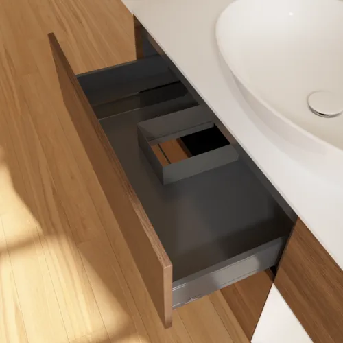Bild von VILLEROY BOCH Finion Waschbeckenunterschrank, mit Beleuchtung, 3 Auszüge, 1200 x 603 x 501 mm, Walnut Veneer / Glossy White Lacquer / Glass White Matt #F951GFGN