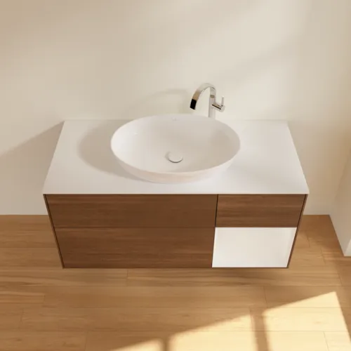 Bild von VILLEROY BOCH Finion Waschbeckenunterschrank, mit Beleuchtung, 3 Auszüge, 1200 x 603 x 501 mm, Walnut Veneer / Glossy White Lacquer / Glass White Matt #F951GFGN
