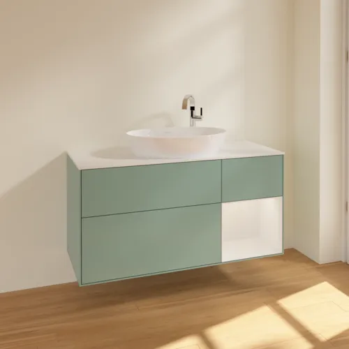 Bild von VILLEROY BOCH Finion Waschbeckenunterschrank, mit Beleuchtung, 3 Auszüge, 1200 x 603 x 501 mm, Olive Matt Lacquer / Glossy White Lacquer / Glass White Matt #F951GFGM