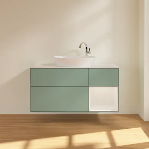 Bild von VILLEROY BOCH Finion Waschbeckenunterschrank, mit Beleuchtung, 3 Auszüge, 1200 x 603 x 501 mm, Olive Matt Lacquer / Glossy White Lacquer / Glass White Matt #F951GFGM
