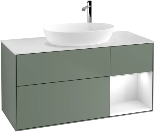 Зображення з  VILLEROY BOCH Finion Vanity unit, with lighting, 3 pull-out compartments, 1200 x 603 x 501 mm, Olive Matt Lacquer / Glossy White Lacquer / Glass White Matt #F951GFGM