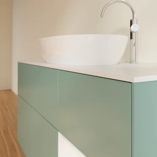 Bild von VILLEROY BOCH Finion Waschbeckenunterschrank, mit Beleuchtung, 3 Auszüge, 1200 x 603 x 501 mm, Olive Matt Lacquer / Glossy White Lacquer / Glass White Matt #F951GFGM
