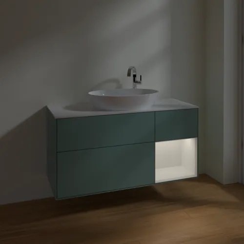 Bild von VILLEROY BOCH Finion Waschbeckenunterschrank, mit Beleuchtung, 3 Auszüge, 1200 x 603 x 501 mm, Olive Matt Lacquer / Glossy White Lacquer / Glass White Matt #F951GFGM