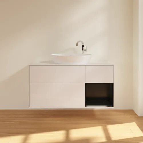 Bild von VILLEROY BOCH Finion Waschbeckenunterschrank, mit Beleuchtung, 3 Auszüge, 1200 x 603 x 501 mm, Glossy White Lacquer / Black Matt Lacquer / Glass White Matt #F951PDGF