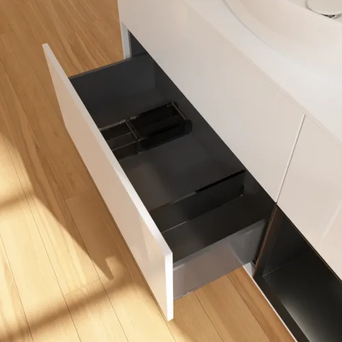 Bild von VILLEROY BOCH Finion Waschbeckenunterschrank, mit Beleuchtung, 3 Auszüge, 1200 x 603 x 501 mm, Glossy White Lacquer / Black Matt Lacquer / Glass White Matt #F951PDGF