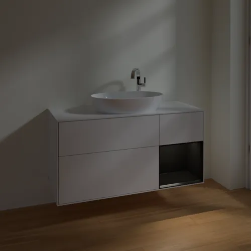 Bild von VILLEROY BOCH Finion Waschbeckenunterschrank, mit Beleuchtung, 3 Auszüge, 1200 x 603 x 501 mm, Glossy White Lacquer / Black Matt Lacquer / Glass White Matt #F951PDGF