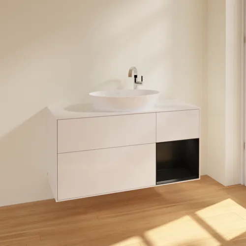 Bild von VILLEROY BOCH Finion Waschbeckenunterschrank, mit Beleuchtung, 3 Auszüge, 1200 x 603 x 501 mm, Glossy White Lacquer / Black Matt Lacquer / Glass White Matt #F951PDGF