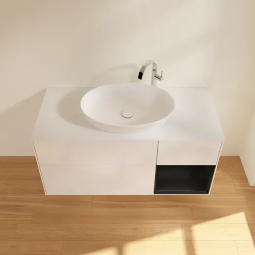 Bild von VILLEROY BOCH Finion Waschbeckenunterschrank, mit Beleuchtung, 3 Auszüge, 1200 x 603 x 501 mm, Glossy White Lacquer / Black Matt Lacquer / Glass White Matt #F951PDGF