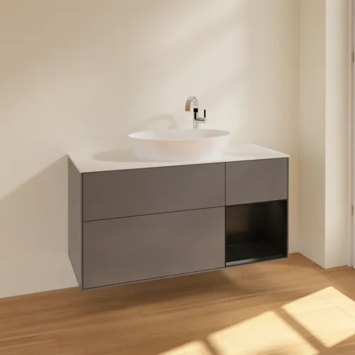Bild von VILLEROY BOCH Finion Waschbeckenunterschrank, mit Beleuchtung, 3 Auszüge, 1200 x 603 x 501 mm, Anthracite Matt Lacquer / Black Matt Lacquer / Glass White Matt #F951PDGK
