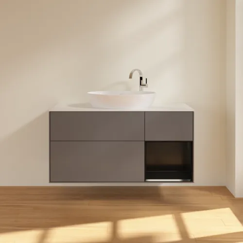 Bild von VILLEROY BOCH Finion Waschbeckenunterschrank, mit Beleuchtung, 3 Auszüge, 1200 x 603 x 501 mm, Anthracite Matt Lacquer / Black Matt Lacquer / Glass White Matt #F951PDGK
