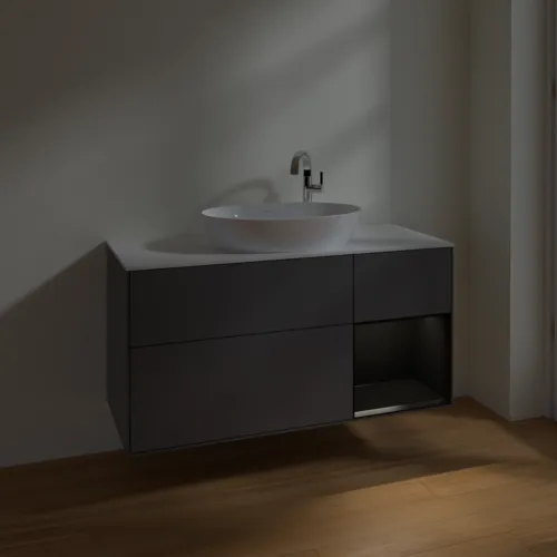 Bild von VILLEROY BOCH Finion Waschbeckenunterschrank, mit Beleuchtung, 3 Auszüge, 1200 x 603 x 501 mm, Anthracite Matt Lacquer / Black Matt Lacquer / Glass White Matt #F951PDGK