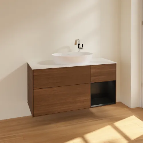 VILLEROY BOCH Finion Waschbeckenunterschrank, mit Beleuchtung, 3 Auszüge, 1200 x 603 x 501 mm, Walnut Veneer / Black Matt Lacquer / Glass White Matt #F951PDGN, Bild 2