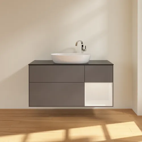 VILLEROY BOCH Finion Waschbeckenunterschrank, mit Beleuchtung, 3 Auszüge, 1200 x 603 x 501 mm, Anthracite Matt Lacquer / Glossy White Lacquer / Glass Black Matt #F952GFGK, Bild 3