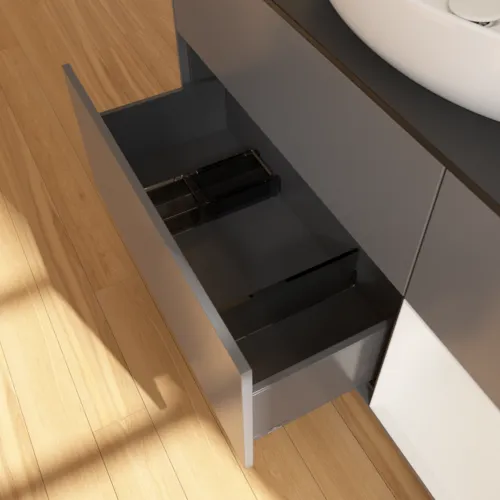 VILLEROY BOCH Finion Waschbeckenunterschrank, mit Beleuchtung, 3 Auszüge, 1200 x 603 x 501 mm, Anthracite Matt Lacquer / Glossy White Lacquer / Glass Black Matt #F952GFGK, Bild 7