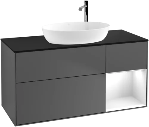 VILLEROY BOCH Finion Vanity unit, with lighting, 3 pull-out compartments, 1200 x 603 x 501 mm, Anthracite Matt Lacquer / Glossy White Lacquer / Glass Black Matt #F952GFGK resmi