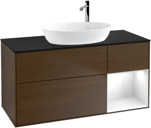 VILLEROY BOCH Finion Vanity unit, with lighting, 3 pull-out compartments, 1200 x 603 x 501 mm, Walnut Veneer / Glossy White Lacquer / Glass Black Matt #F952GFGN resmi