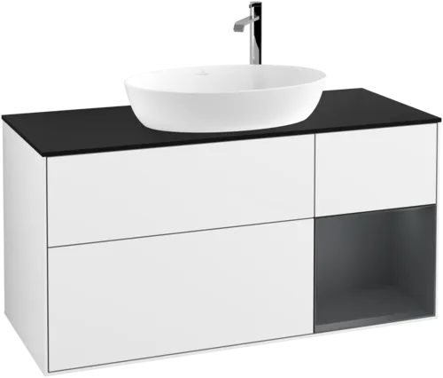 VILLEROY BOCH Finion Vanity unit, with lighting, 3 pull-out compartments, 1200 x 603 x 501 mm, Glossy White Lacquer / Midnight Blue Matt Lacquer / Glass Black Matt #F952HGGF resmi