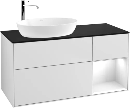 Зображення з  VILLEROY BOCH Finion Vanity unit, with lighting, 3 pull-out compartments, 1200 x 603 x 501 mm, White Matt Lacquer / Glossy White Lacquer / Glass Black Matt #F932GFMT