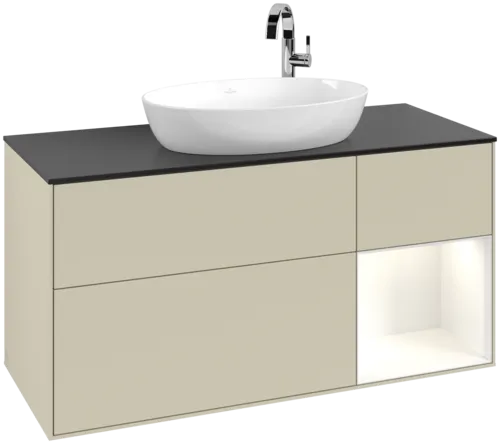 VILLEROY BOCH Finion Vanity unit, with lighting, 3 pull-out compartments, 1200 x 603 x 501 mm, Silk Grey Matt Lacquer / Glossy White Lacquer / Glass Black Matt #F952GFHJ resmi