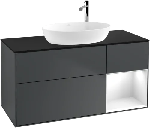 VILLEROY BOCH Finion Vanity unit, with lighting, 3 pull-out compartments, 1200 x 603 x 501 mm, Midnight Blue Matt Lacquer / Glossy White Lacquer / Glass Black Matt #F952GFHG resmi