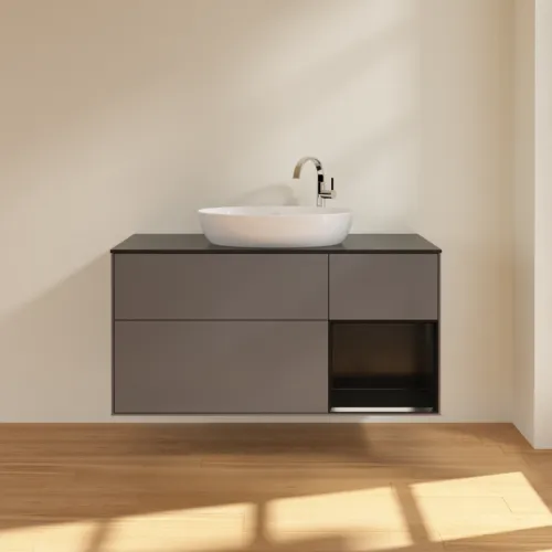 Bild von VILLEROY BOCH Finion Waschbeckenunterschrank, mit Beleuchtung, 3 Auszüge, 1200 x 603 x 501 mm, Anthracite Matt Lacquer / Black Matt Lacquer / Glass Black Matt #F952PDGK