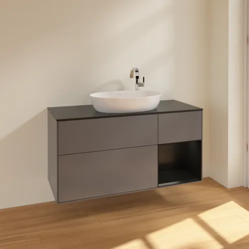 Bild von VILLEROY BOCH Finion Waschbeckenunterschrank, mit Beleuchtung, 3 Auszüge, 1200 x 603 x 501 mm, Anthracite Matt Lacquer / Black Matt Lacquer / Glass Black Matt #F952PDGK