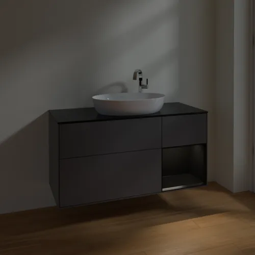 Bild von VILLEROY BOCH Finion Waschbeckenunterschrank, mit Beleuchtung, 3 Auszüge, 1200 x 603 x 501 mm, Anthracite Matt Lacquer / Black Matt Lacquer / Glass Black Matt #F952PDGK