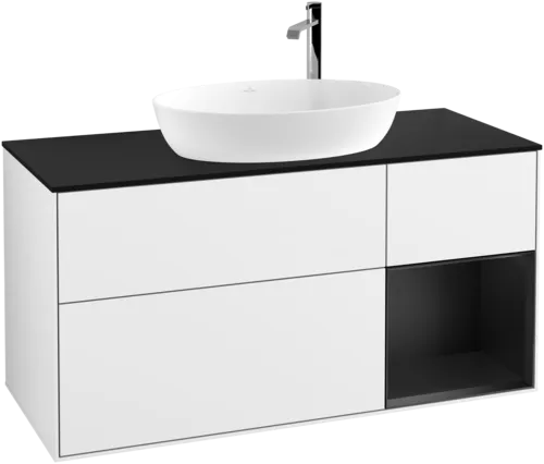 VILLEROY BOCH Finion Vanity unit, with lighting, 3 pull-out compartments, 1200 x 603 x 501 mm, Glossy White Lacquer / Black Matt Lacquer / Glass Black Matt #F952PDGF resmi
